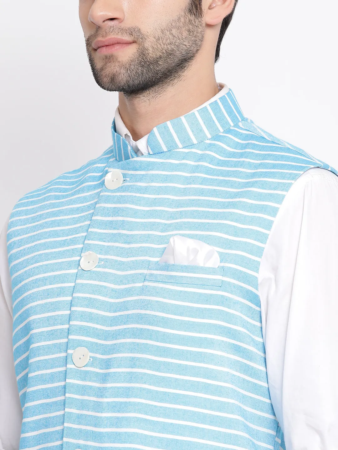 Jashvi Men's Blue Stripes And Angrakha Pattern Classic Nehru Jacket