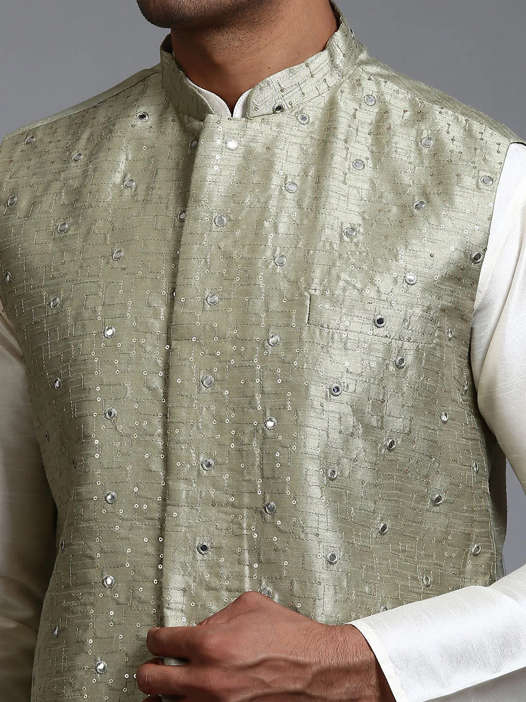 Jashvi Men's Mehndi Green Embellished Jacket