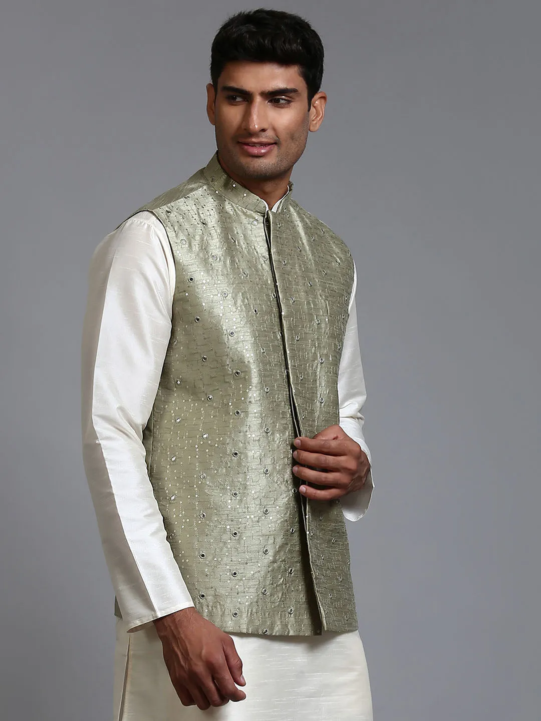 Jashvi Men's Mehndi Green Embellished Jacket