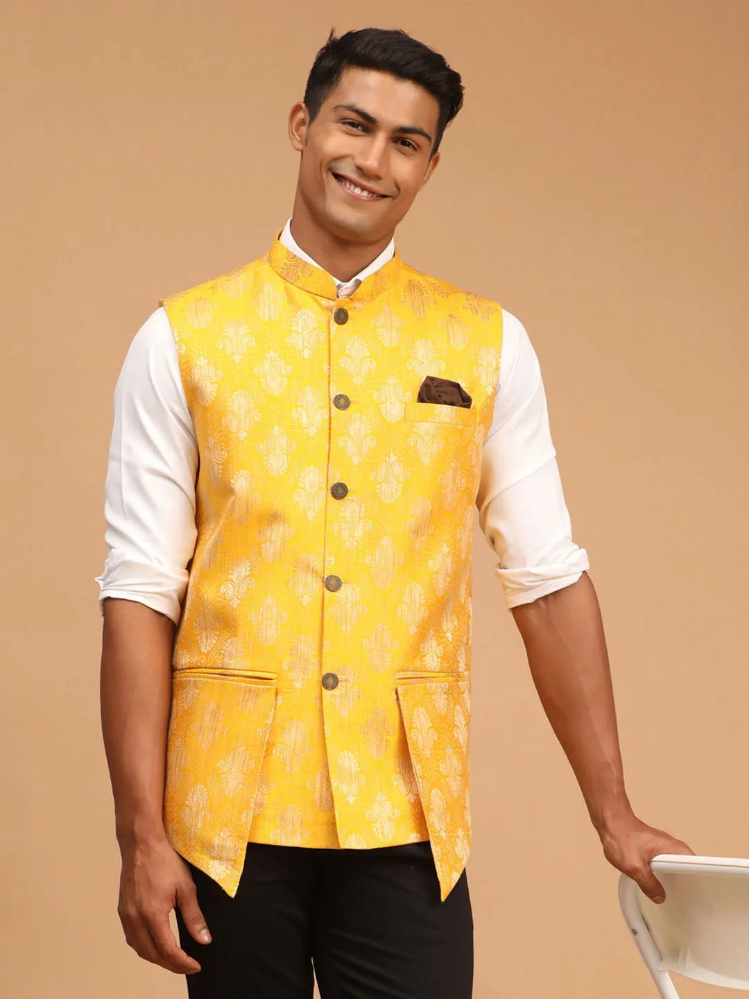 Jashvi Men's Yellow Woven Flap Ethnic Jacket