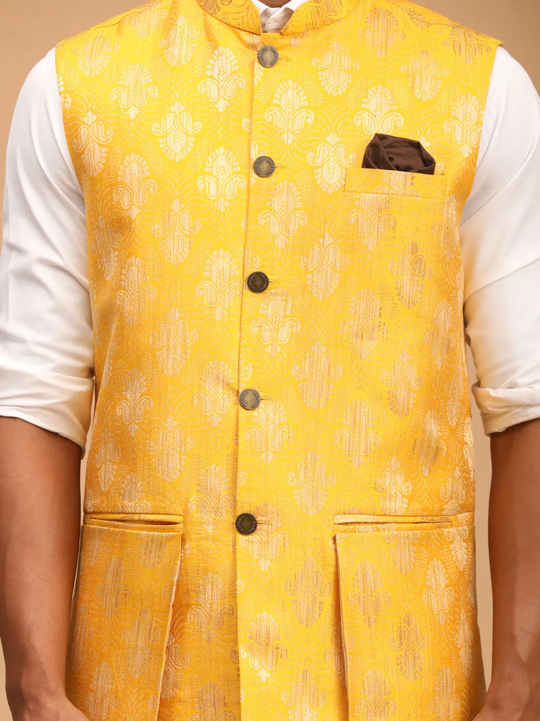 Jashvi Men's Yellow Woven Flap Ethnic Jacket