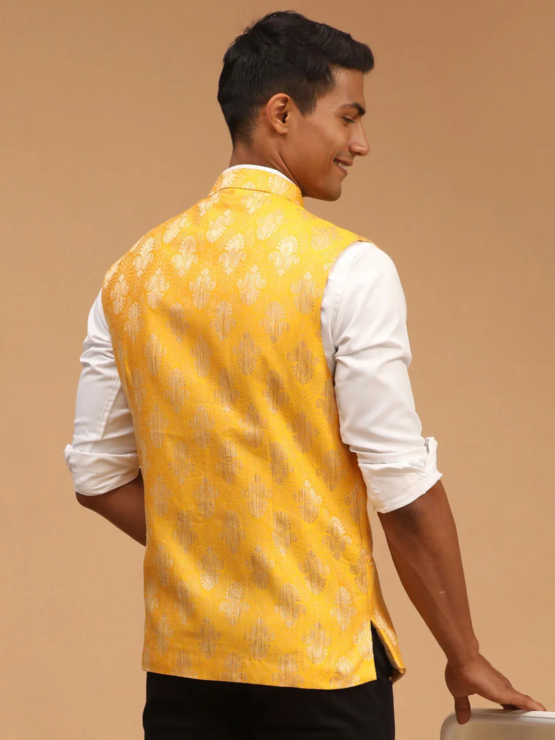 Jashvi Men's Yellow Woven Flap Ethnic Jacket