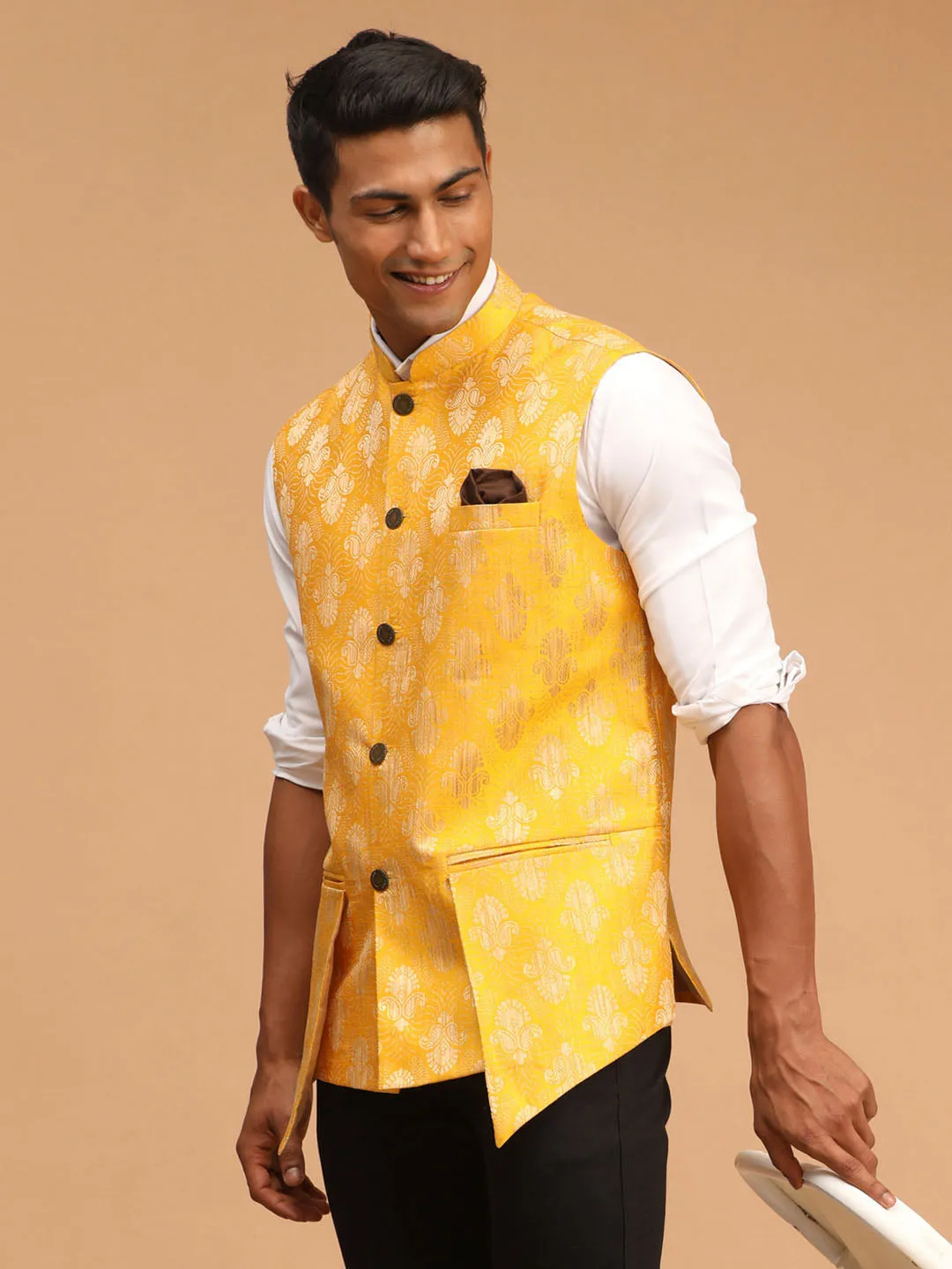 Jashvi Men's Yellow Woven Flap Ethnic Jacket