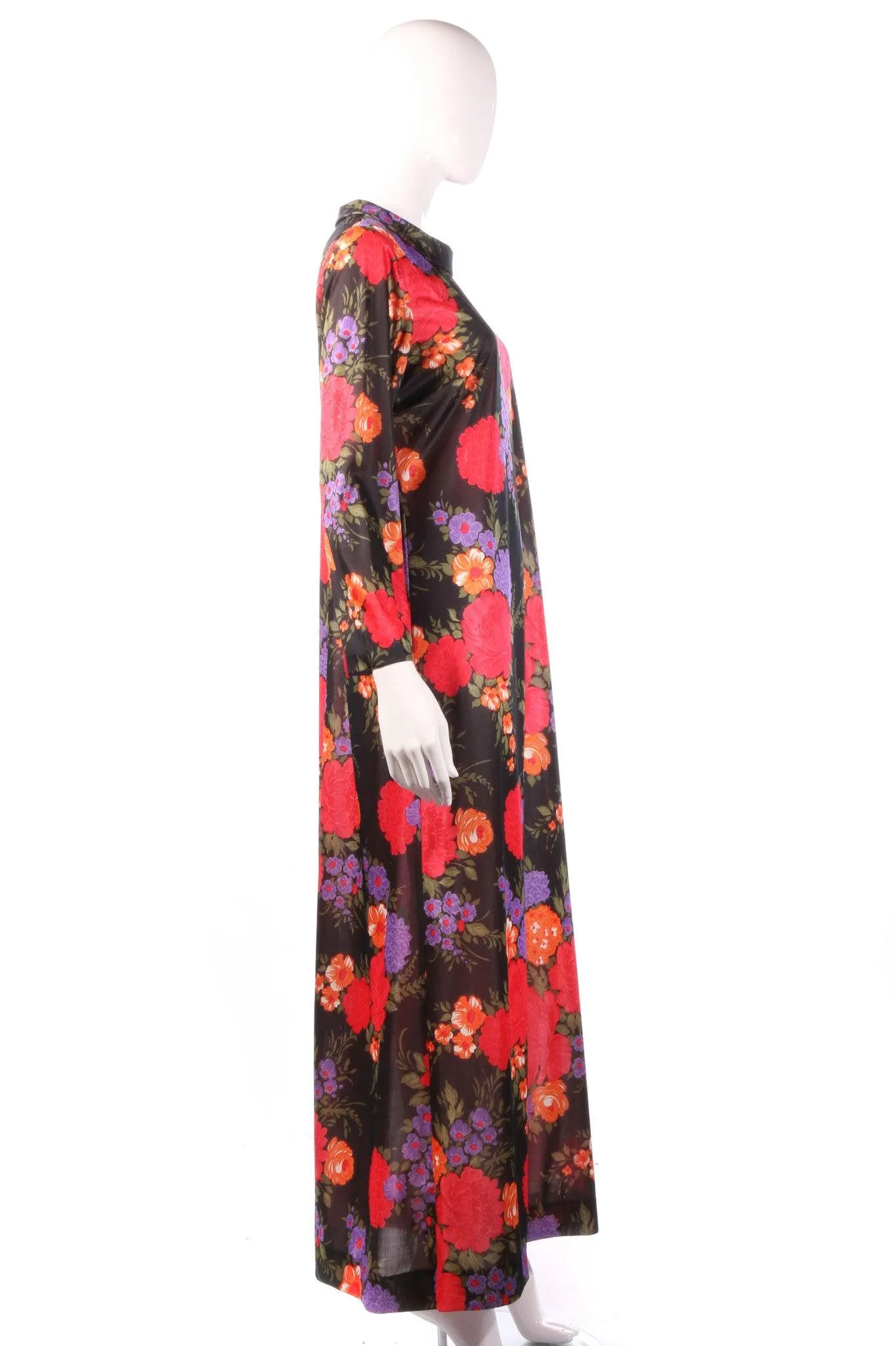 Jeannie Vintage 1960/70's Maxi Dress Black with Red and Purple Floral Pattern UK 14