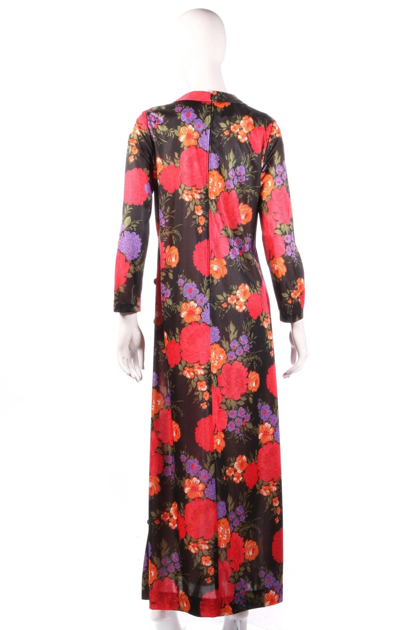 Jeannie Vintage 1960/70's Maxi Dress Black with Red and Purple Floral Pattern UK 14