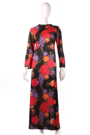 Jeannie Vintage 1960/70's Maxi Dress Black with Red and Purple Floral Pattern UK 14