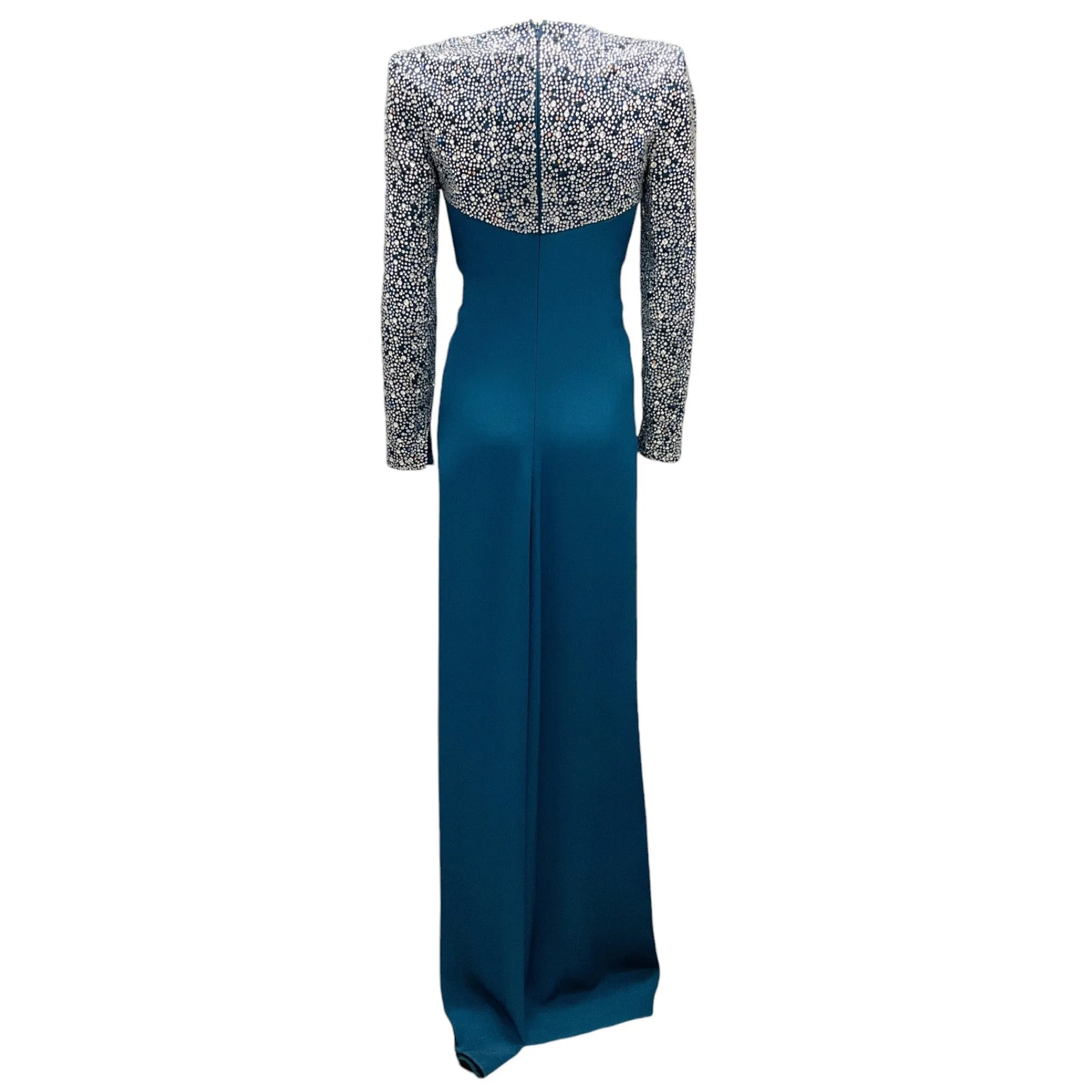 Jenny Packham Ink Twyla Crystal Embellished Sleeve Crepe Gown / Formal Dress