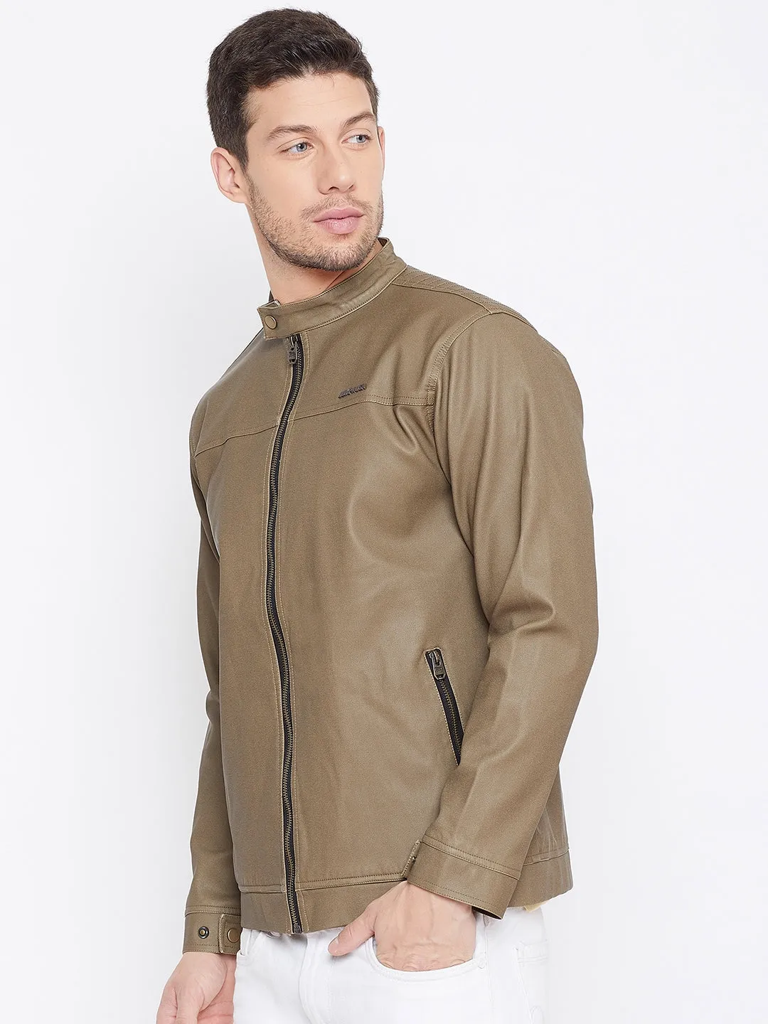 JUMP USA Men Khaki Casual Leather Jacket