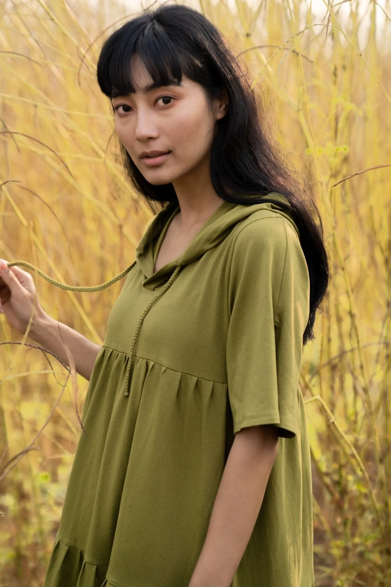 Katir- Hoodie Dress With Slit Bell Sleeves - Avacado Green