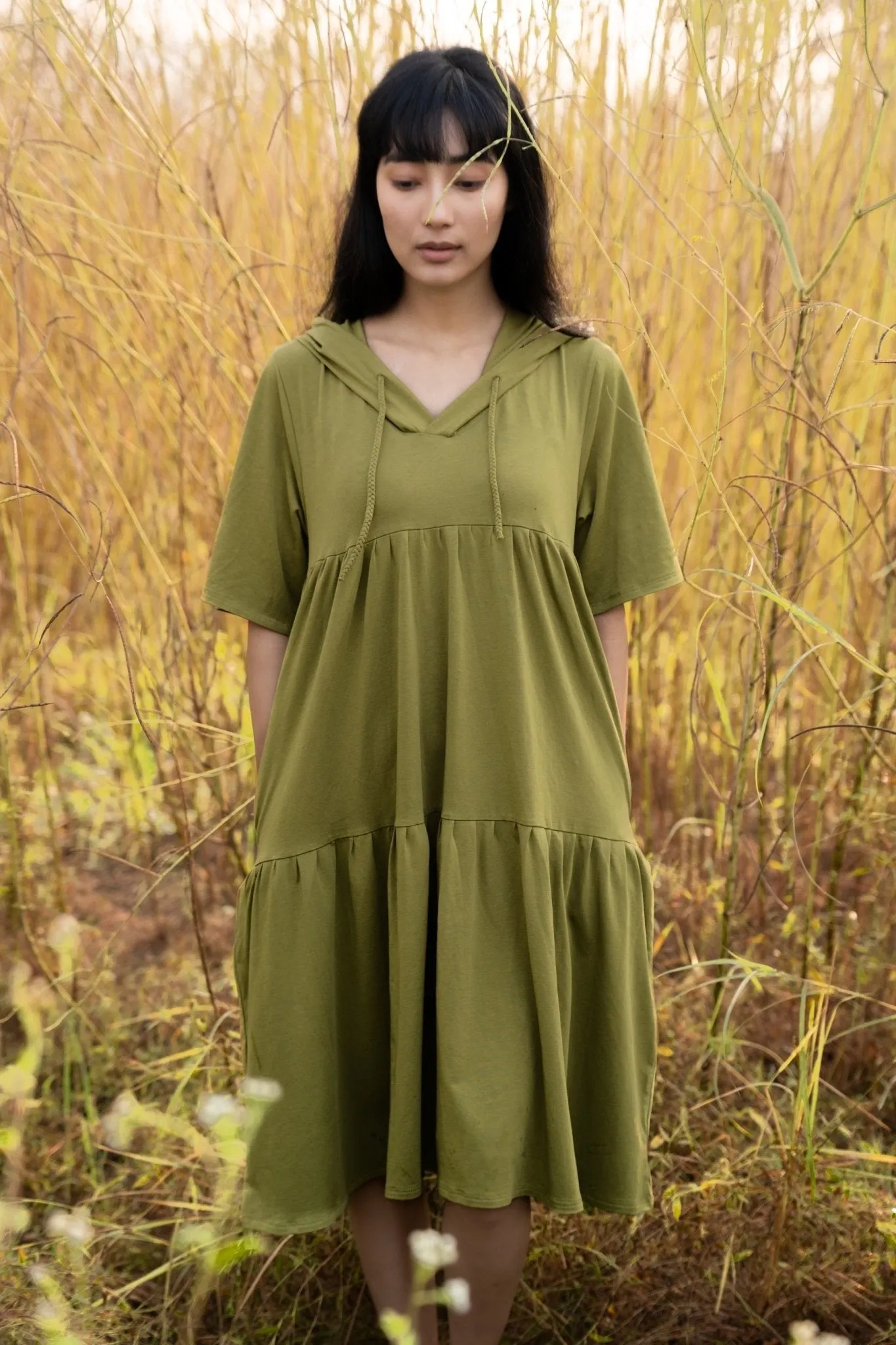 Katir- Hoodie Dress With Slit Bell Sleeves - Avacado Green