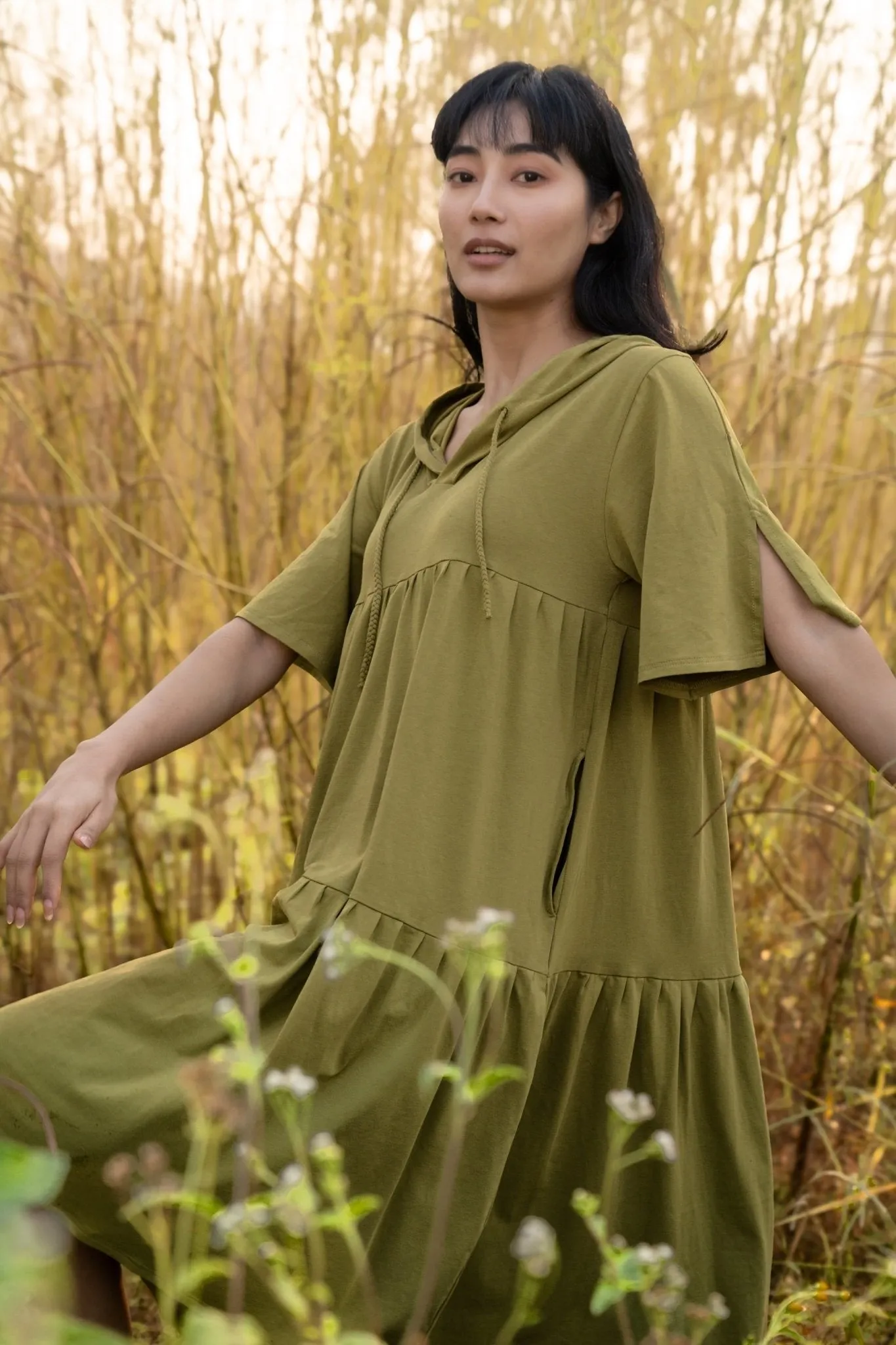 Katir- Hoodie Dress With Slit Bell Sleeves - Avacado Green