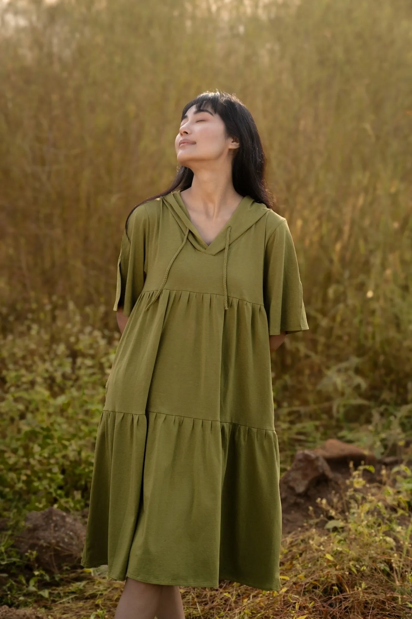 Katir- Hoodie Dress With Slit Bell Sleeves - Avacado Green