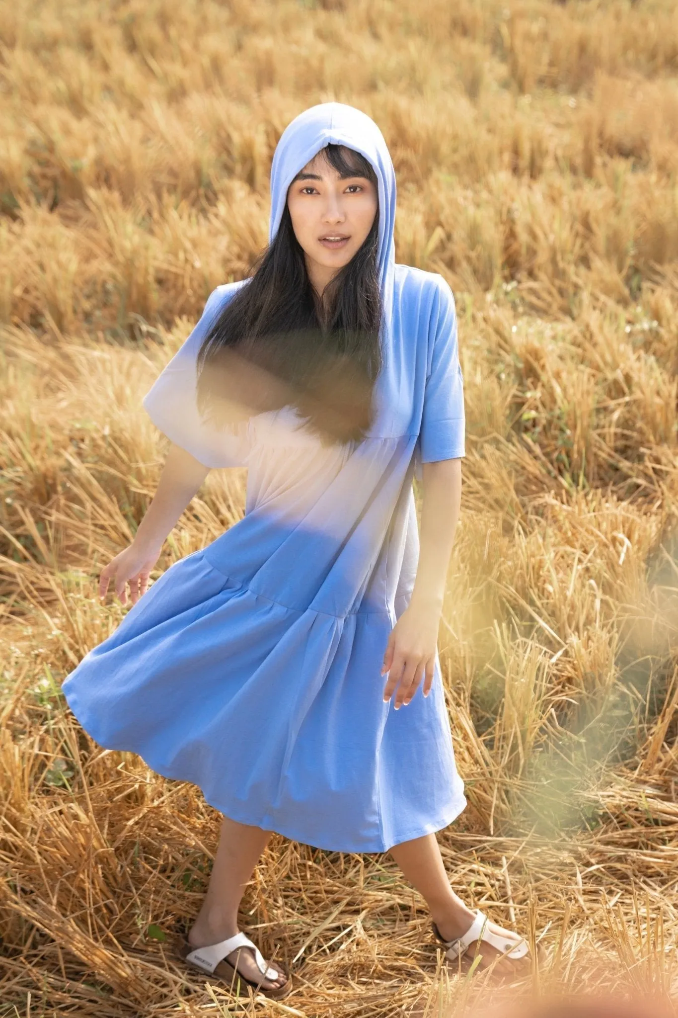 Katir- Hoodie Dress With Slit Bell Sleeves - Vista Blue