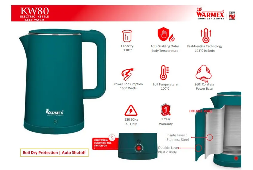 Kw80 1500 Watts Double Wall Electric Kettle By Warmex