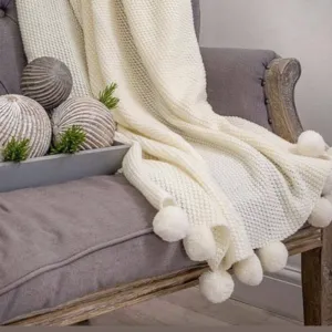 Large Ivory Pom Pom Knitted Throw