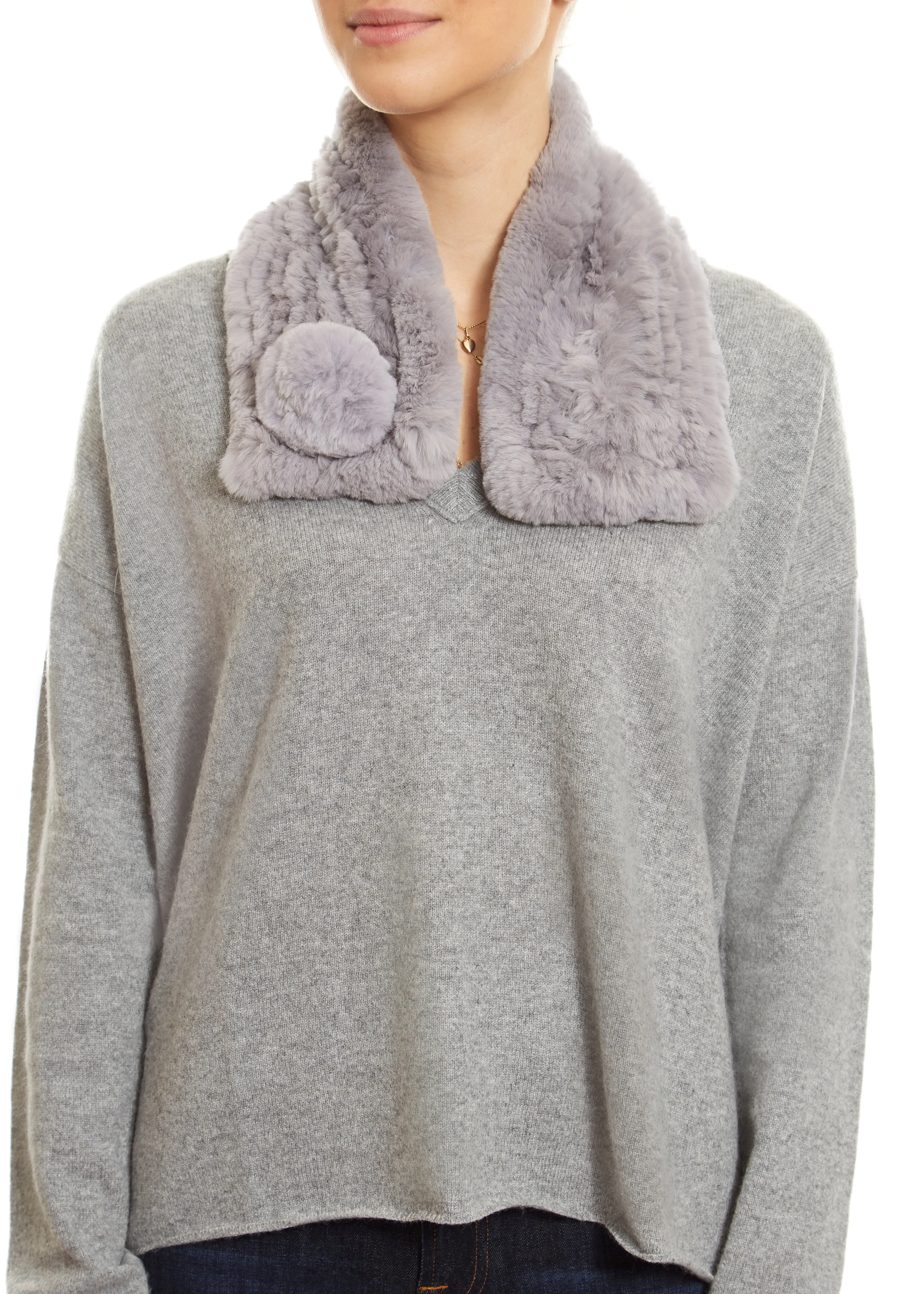 Light Grey Bobble Knitted Rabbit Luxury Fur Scarf