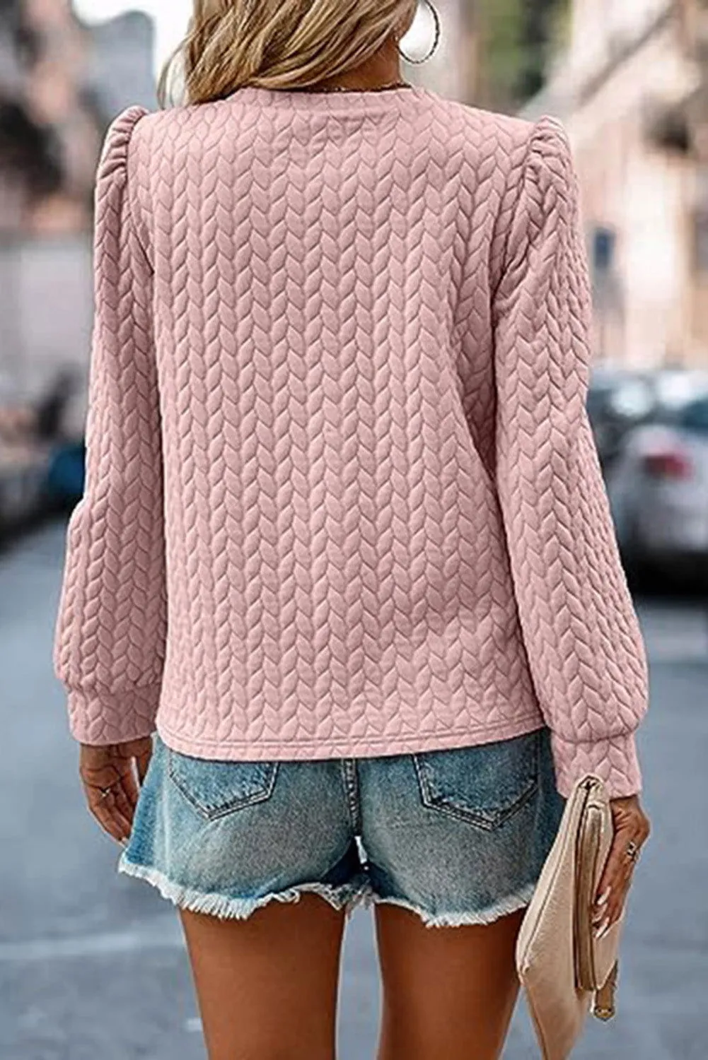 Light Pink Quilted Puff Sleeve Sweatshirt