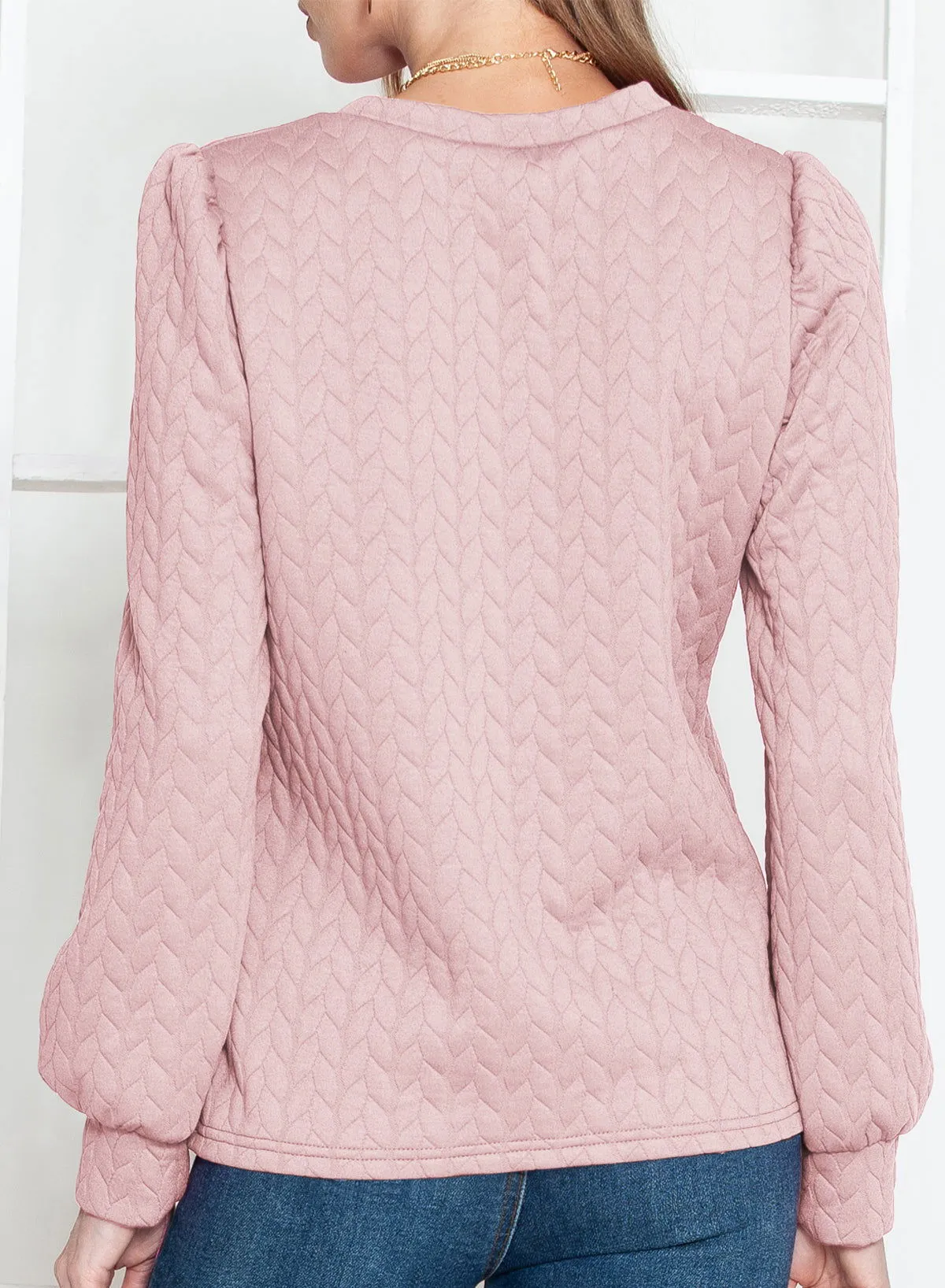 Light Pink Quilted Puff Sleeve Sweatshirt