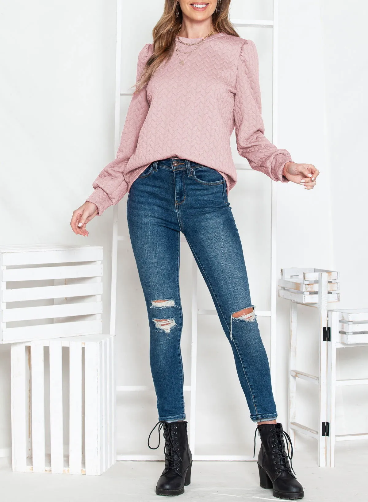 Light Pink Quilted Puff Sleeve Sweatshirt