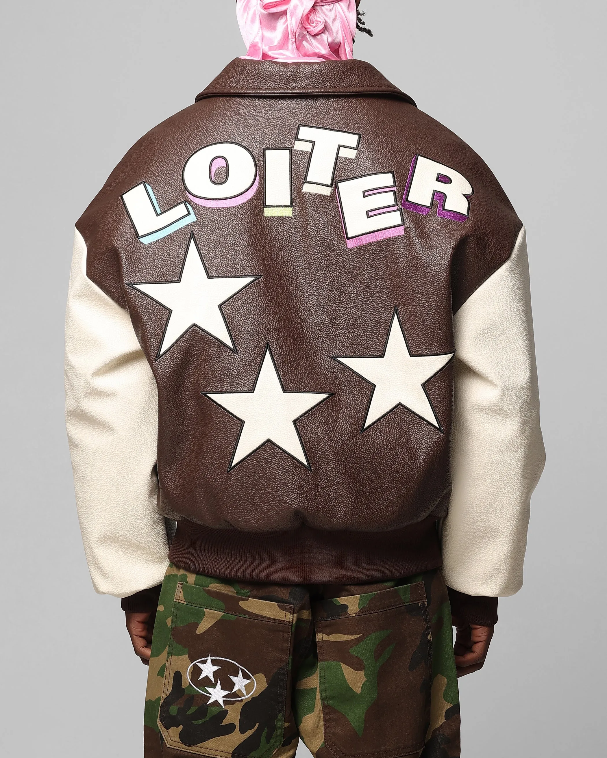 Loiter Solar PU Leather Varsity Jacket Brown/Beige