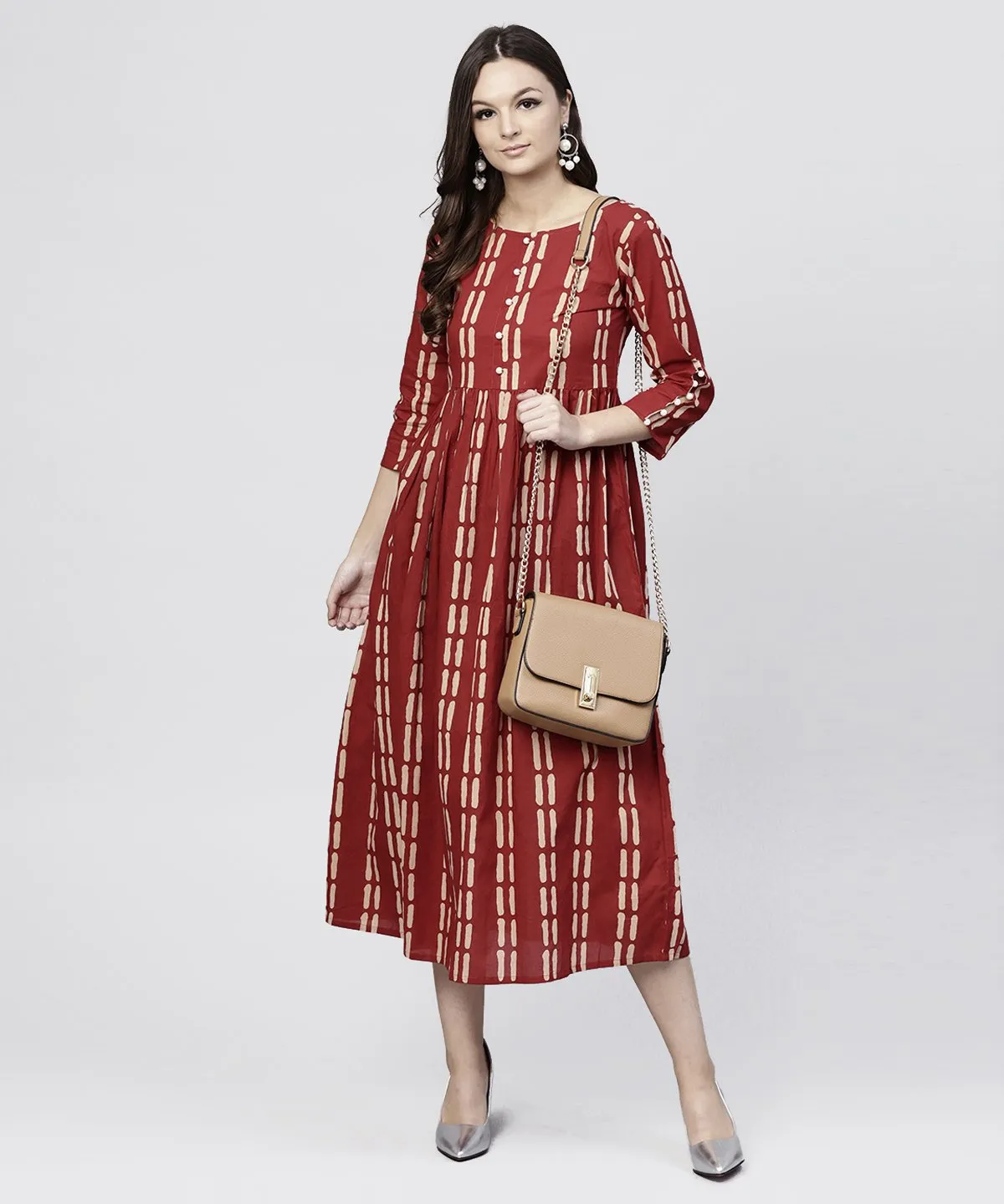 Maroon Printed Cotton Maxi Dress With 3/4 Sleeve Emblished With Pearls