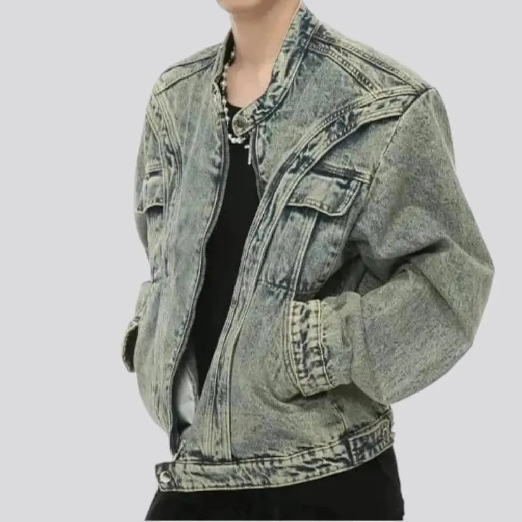 Medium length boho style men's jeans jacket