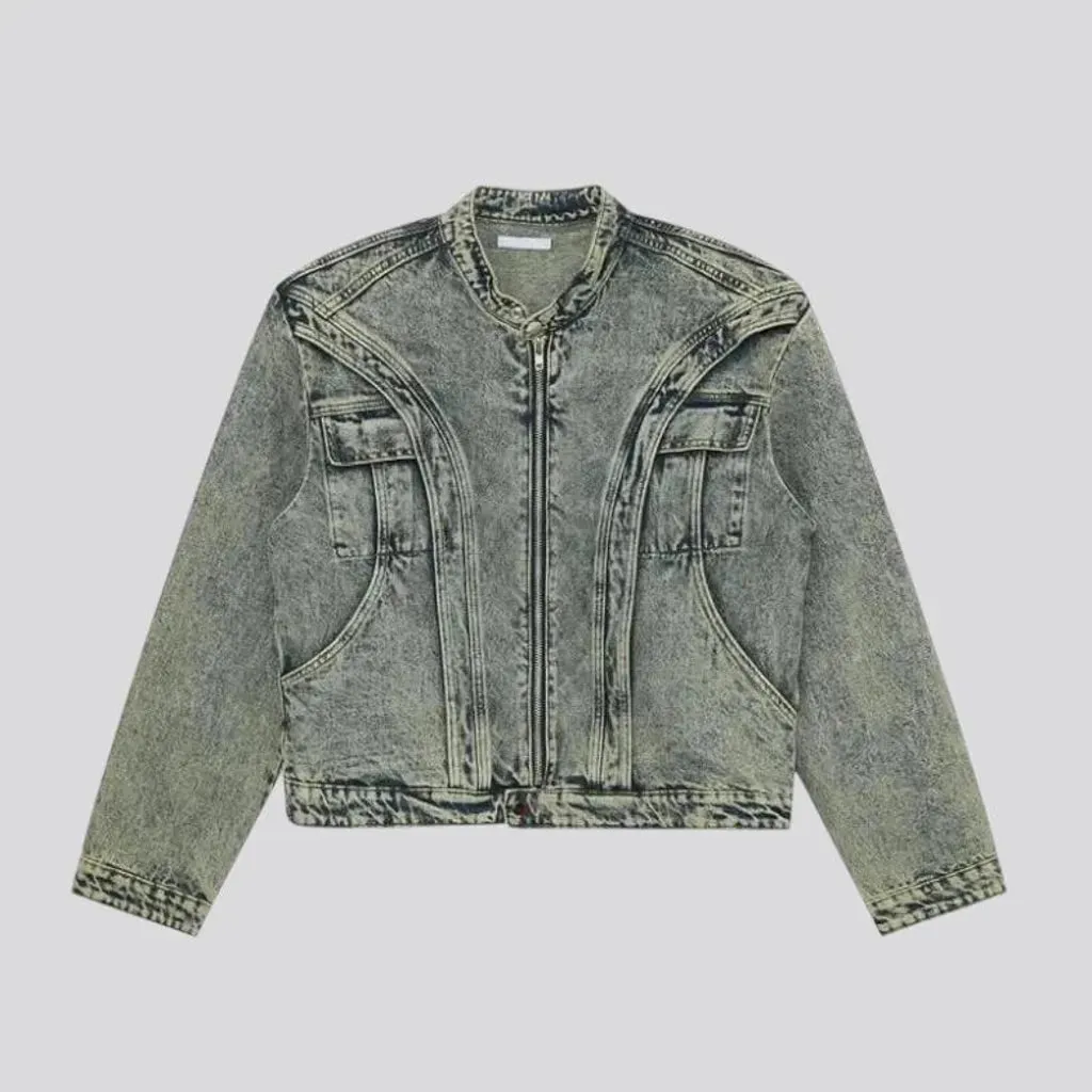 Medium length boho style men's jeans jacket