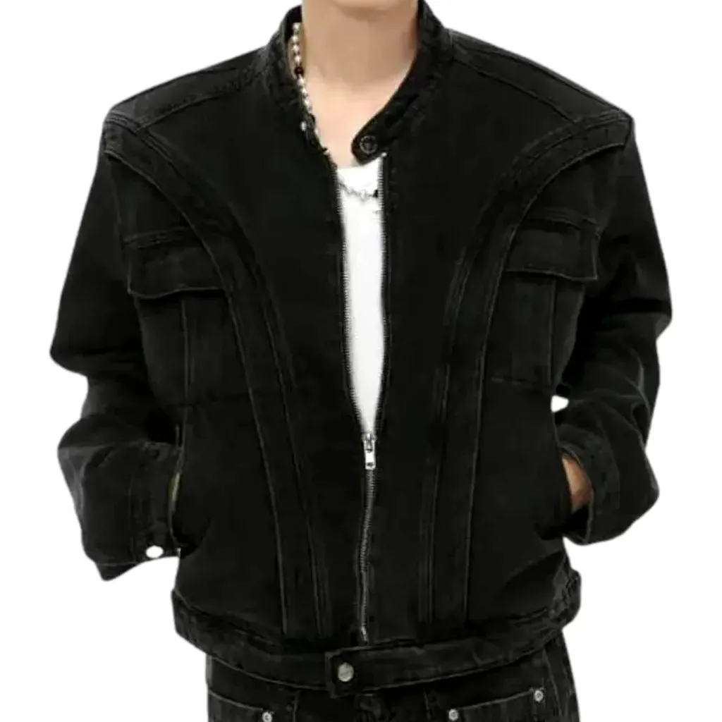 Medium length boho style men's jeans jacket