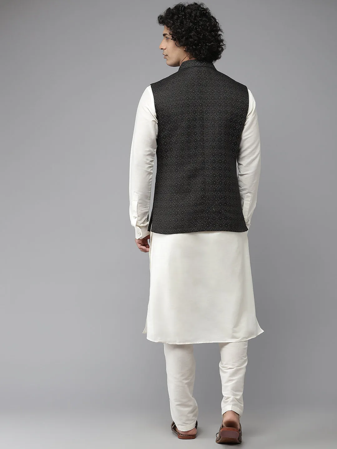 Men Black & White Woven Jacquard Neharu Jacket