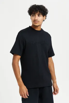 Men Black Jacquard Short Sleeve T-Shirt