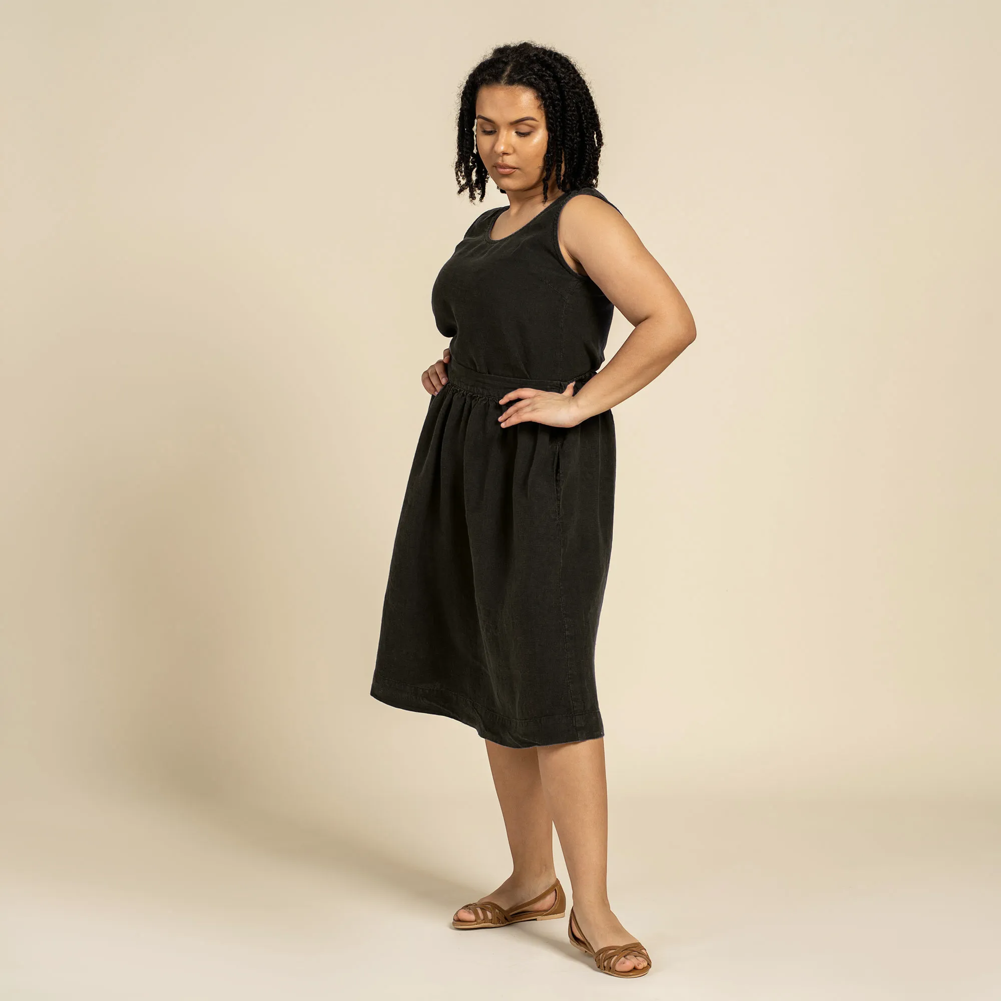 MENIQUE 100% Linen Tank Top & Midi Skirt 2-Piece Pure Black