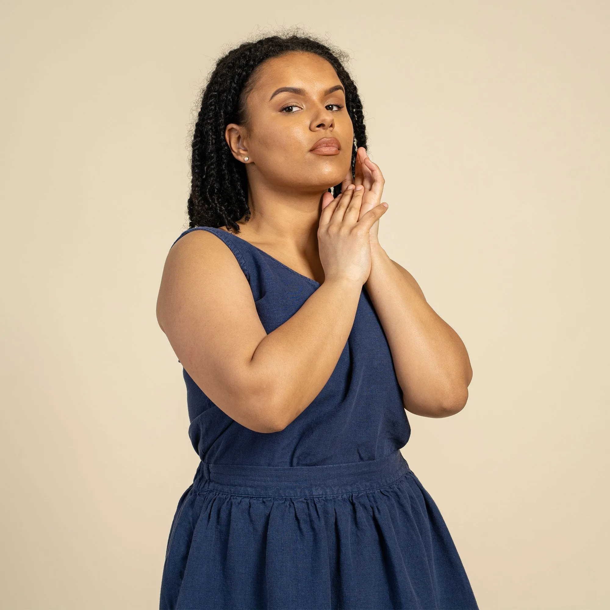 MENIQUE 100% Linen Tank Top & Midi Skirt 2-Piece Storm Blue