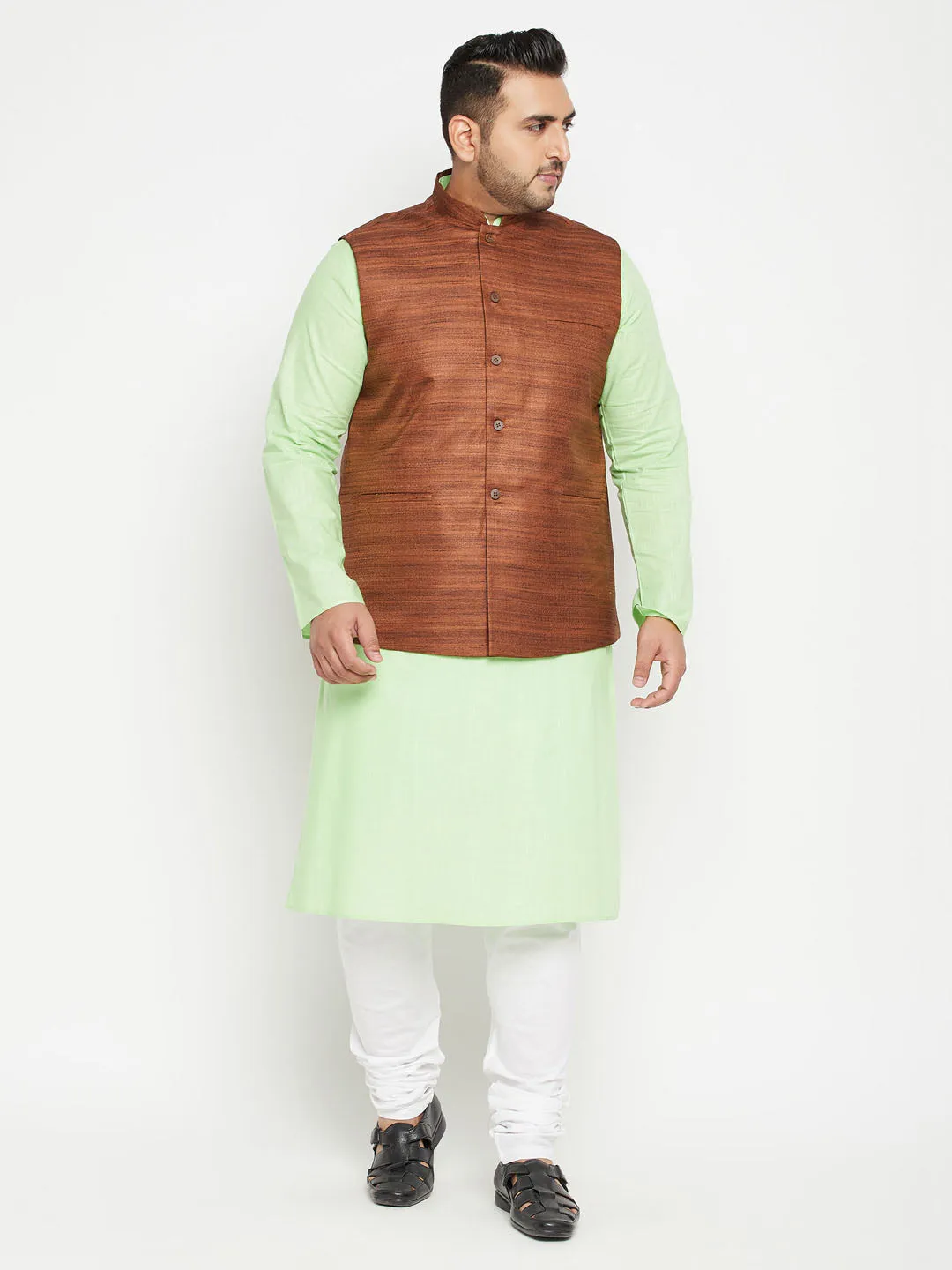 Men's Plus Mint Green, Coffee Brown And White Cotton Blend Jacket Kurta Pyjama Set - Vastramay