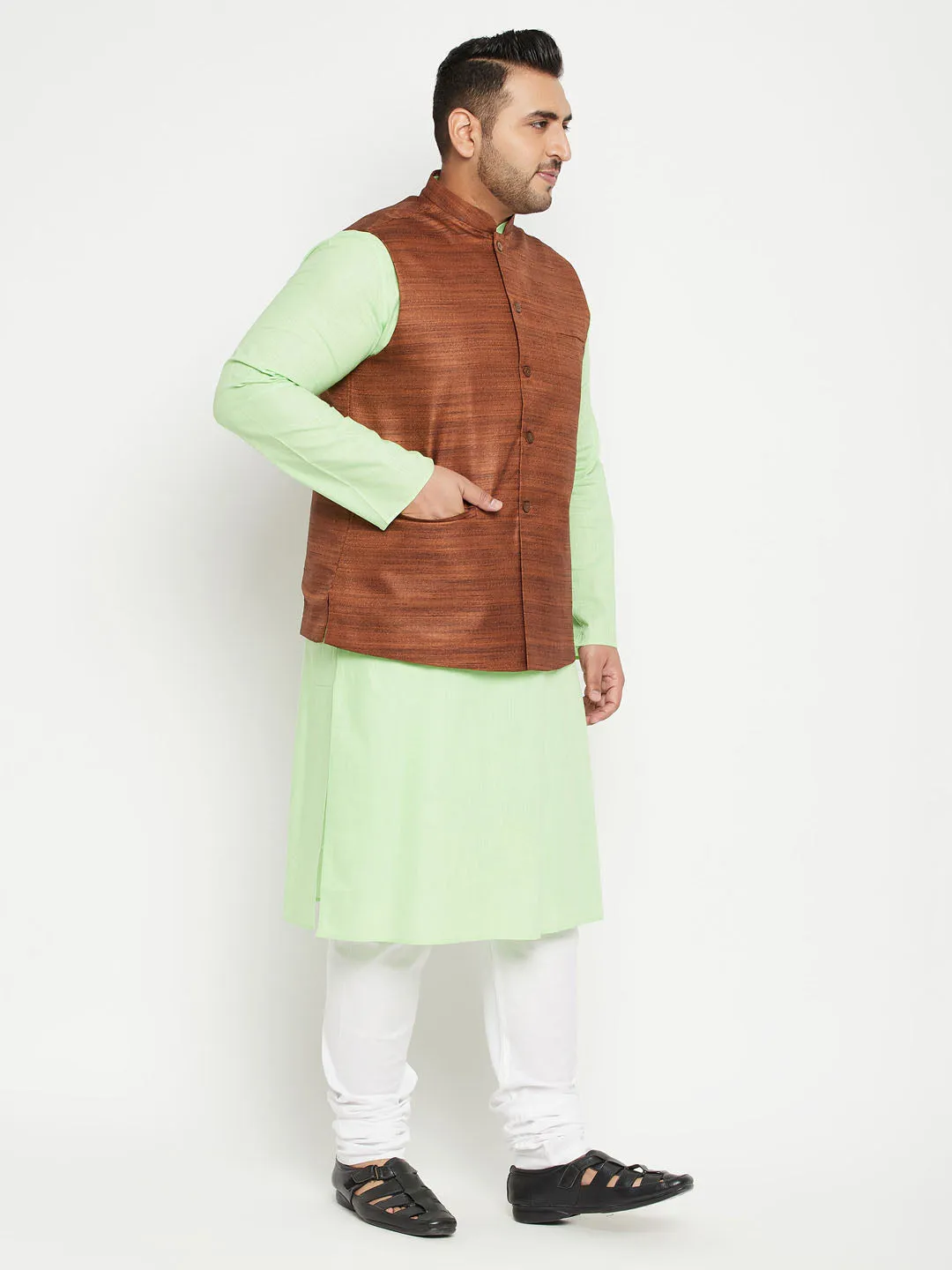 Men's Plus Mint Green, Coffee Brown And White Cotton Blend Jacket Kurta Pyjama Set - Vastramay