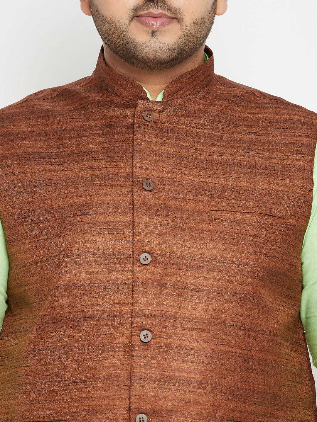 Men's Plus Mint Green, Coffee Brown And White Cotton Blend Jacket Kurta Pyjama Set - Vastramay