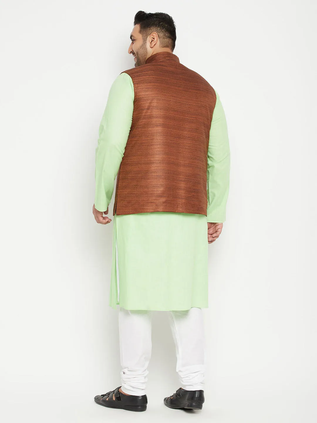 Men's Plus Mint Green, Coffee Brown And White Cotton Blend Jacket Kurta Pyjama Set - Vastramay