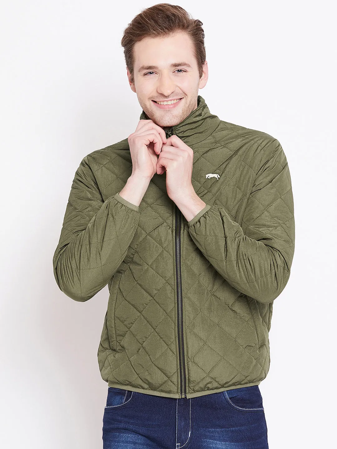 Mens Solid Military Olive Quilted Jacket