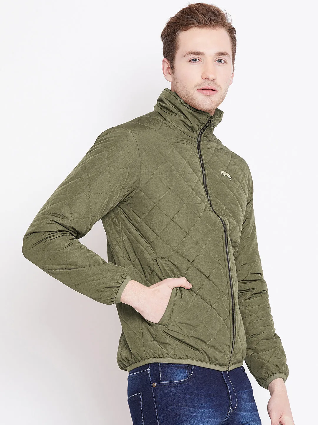 Mens Solid Military Olive Quilted Jacket