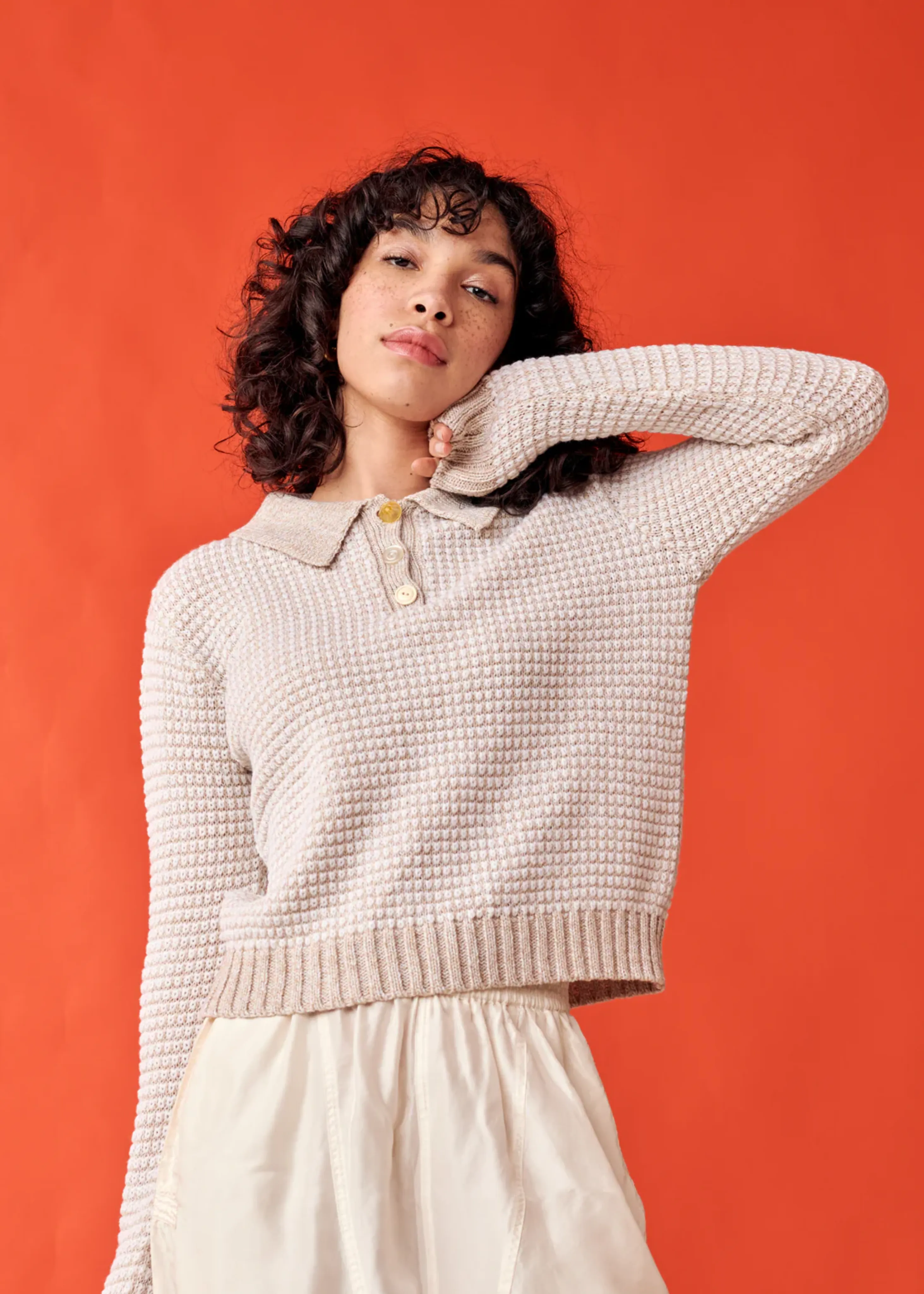 Mismatch polo sweater, beige & ivory