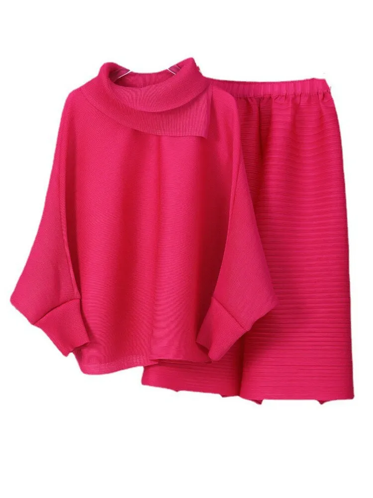 Miyake Pleated Long Sleeve Top and  Wide Leg Pants Set