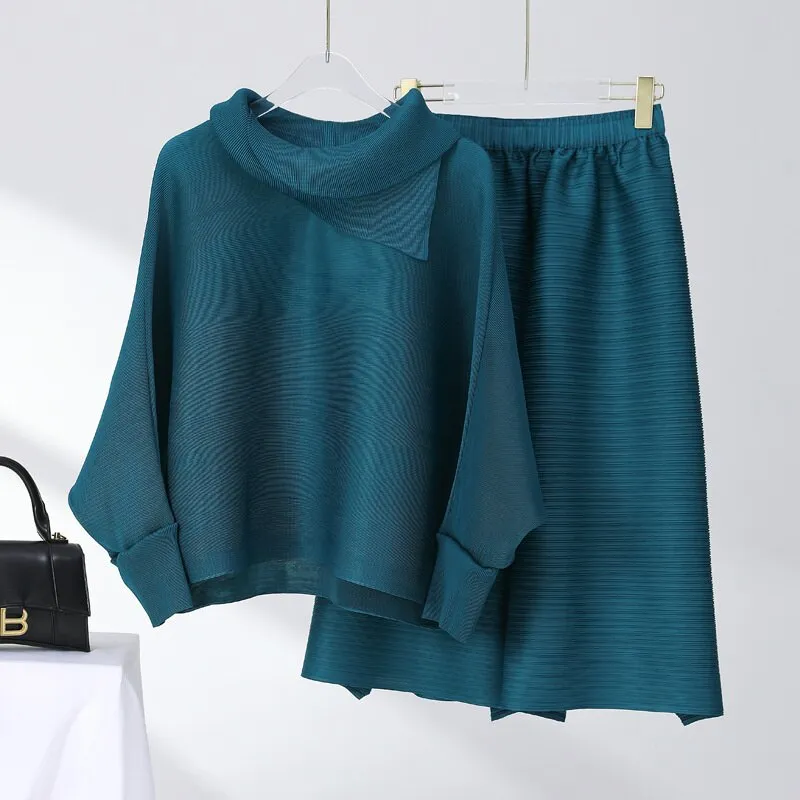 Miyake Pleated Long Sleeve Top and  Wide Leg Pants Set