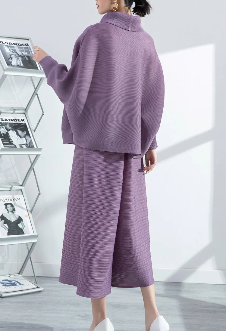 Miyake Pleated Long Sleeve Top and  Wide Leg Pants Set