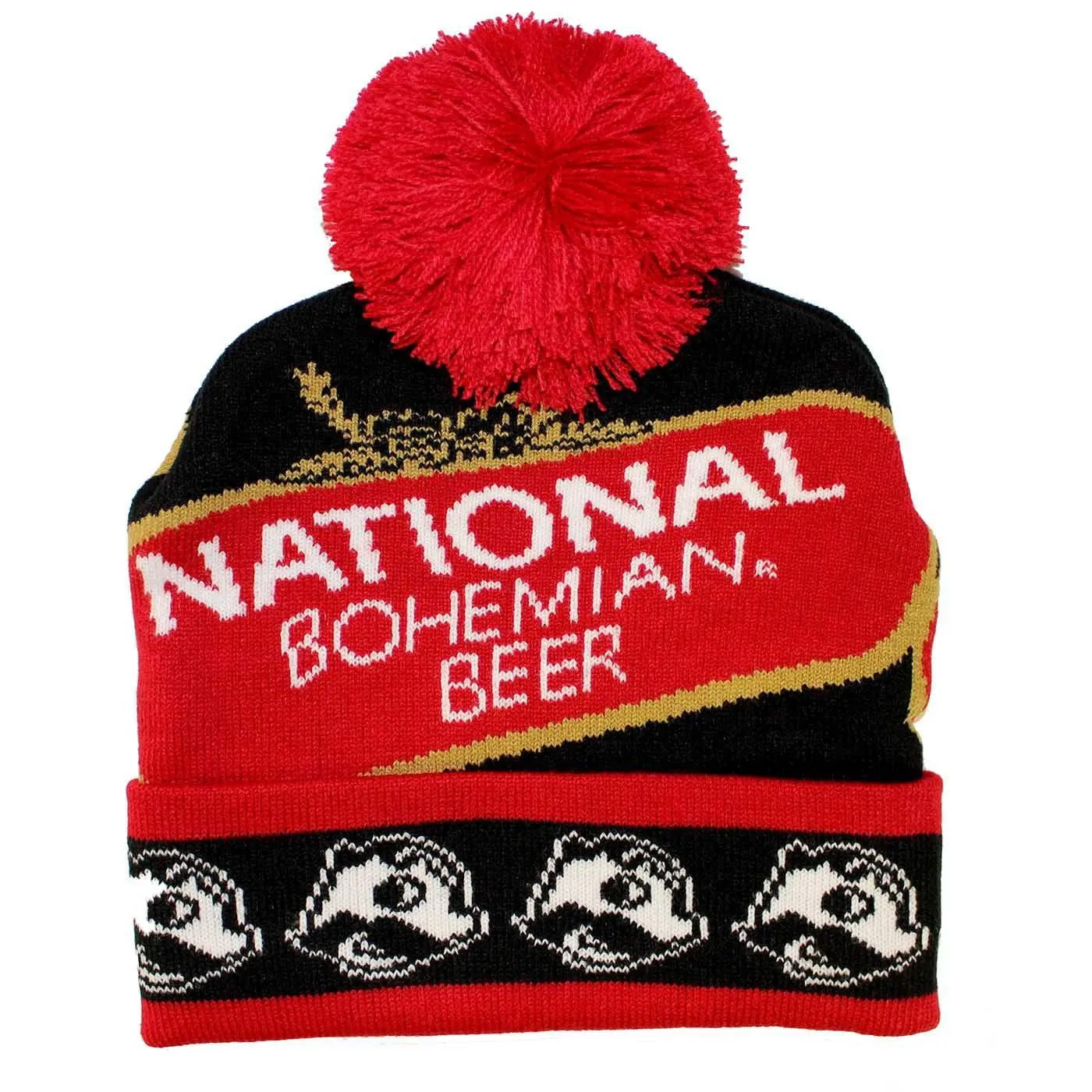 National Bohemian Beer w/ Boh Brim (Black w/ Red Pom) / Knit Beanie Cap