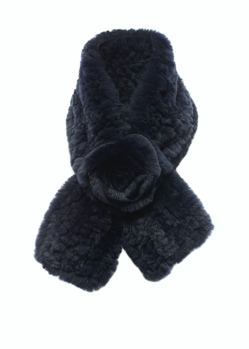 Navy Real Rex Rabbit Fur Rose Scarf