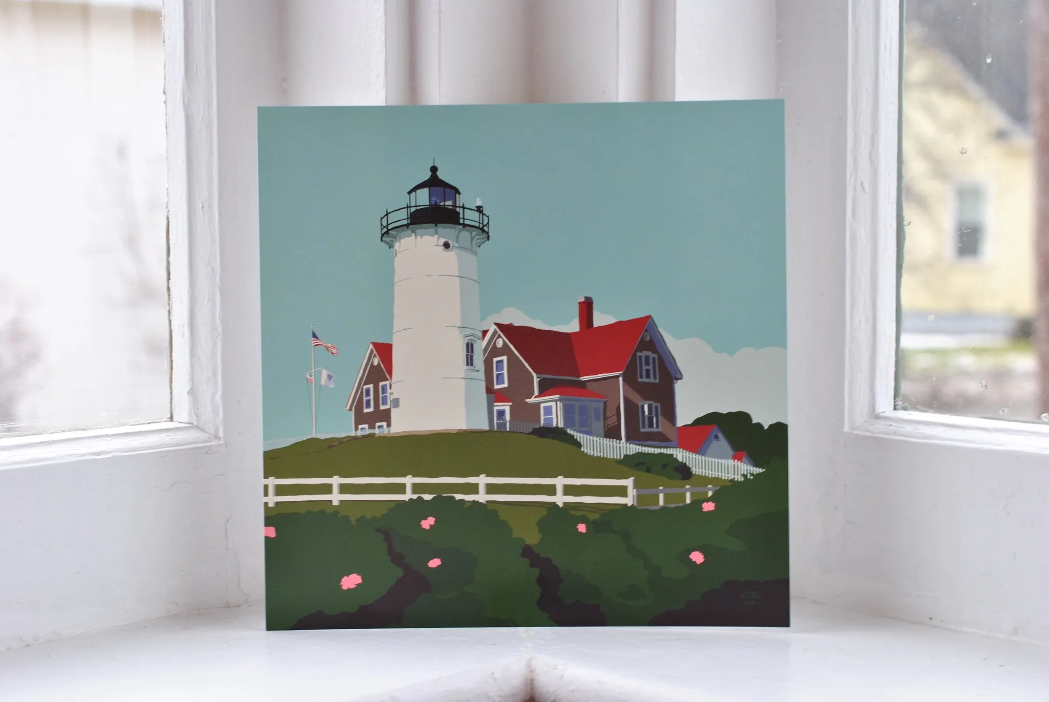 Nobska Point Light Art Print 8" x 8" Square Wall Poster By Alan Claude - Massachusetts