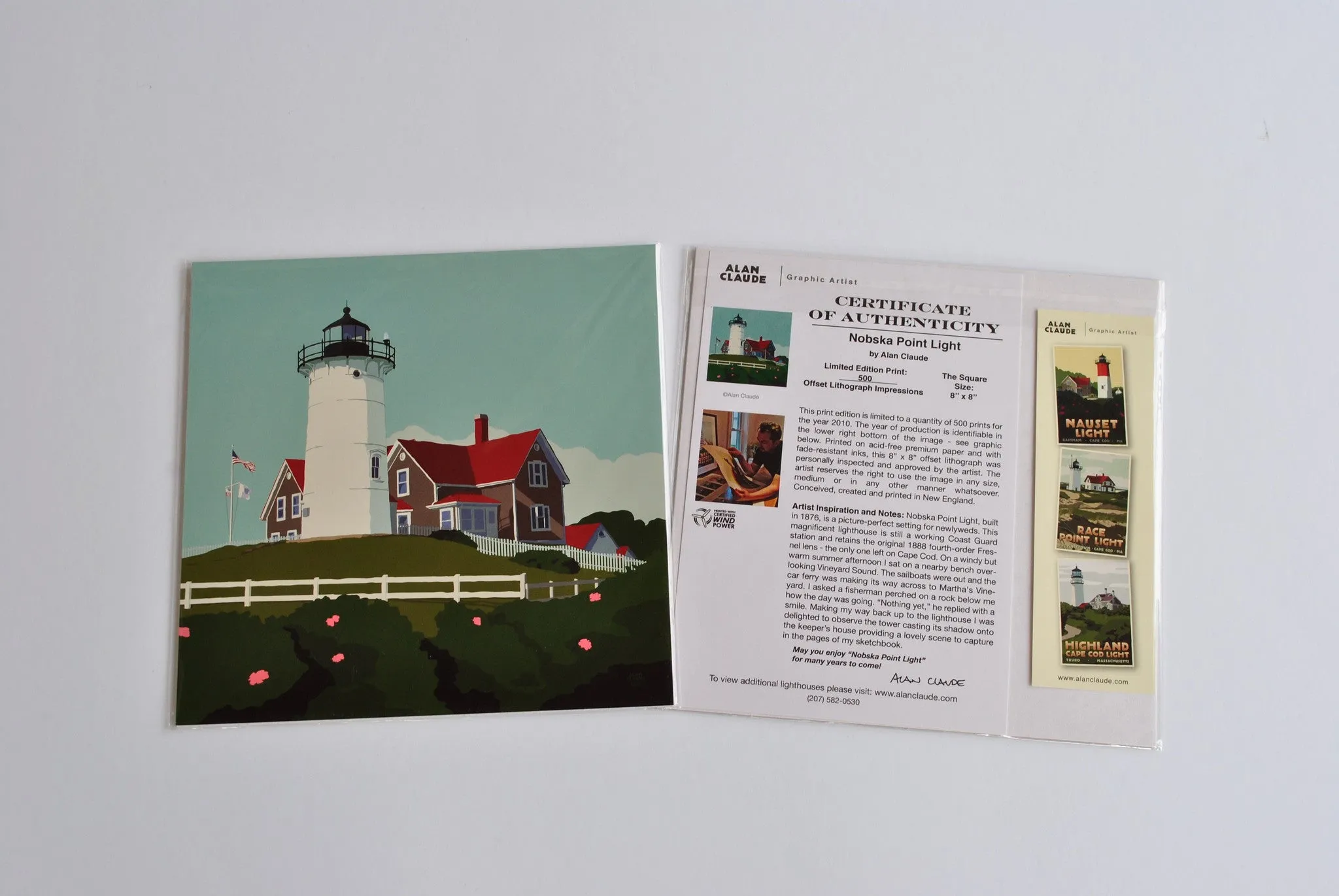 Nobska Point Light Art Print 8" x 8" Square Wall Poster By Alan Claude - Massachusetts