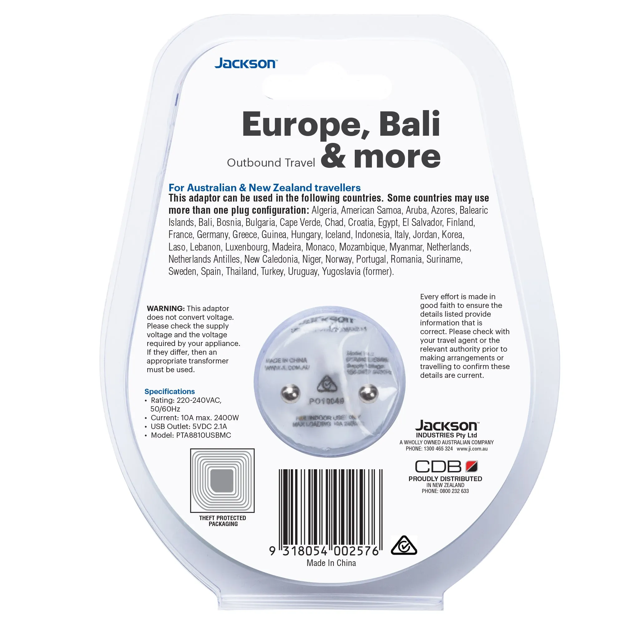 Outbound Slim USB-A & C Travel Adaptor - EU & Bali