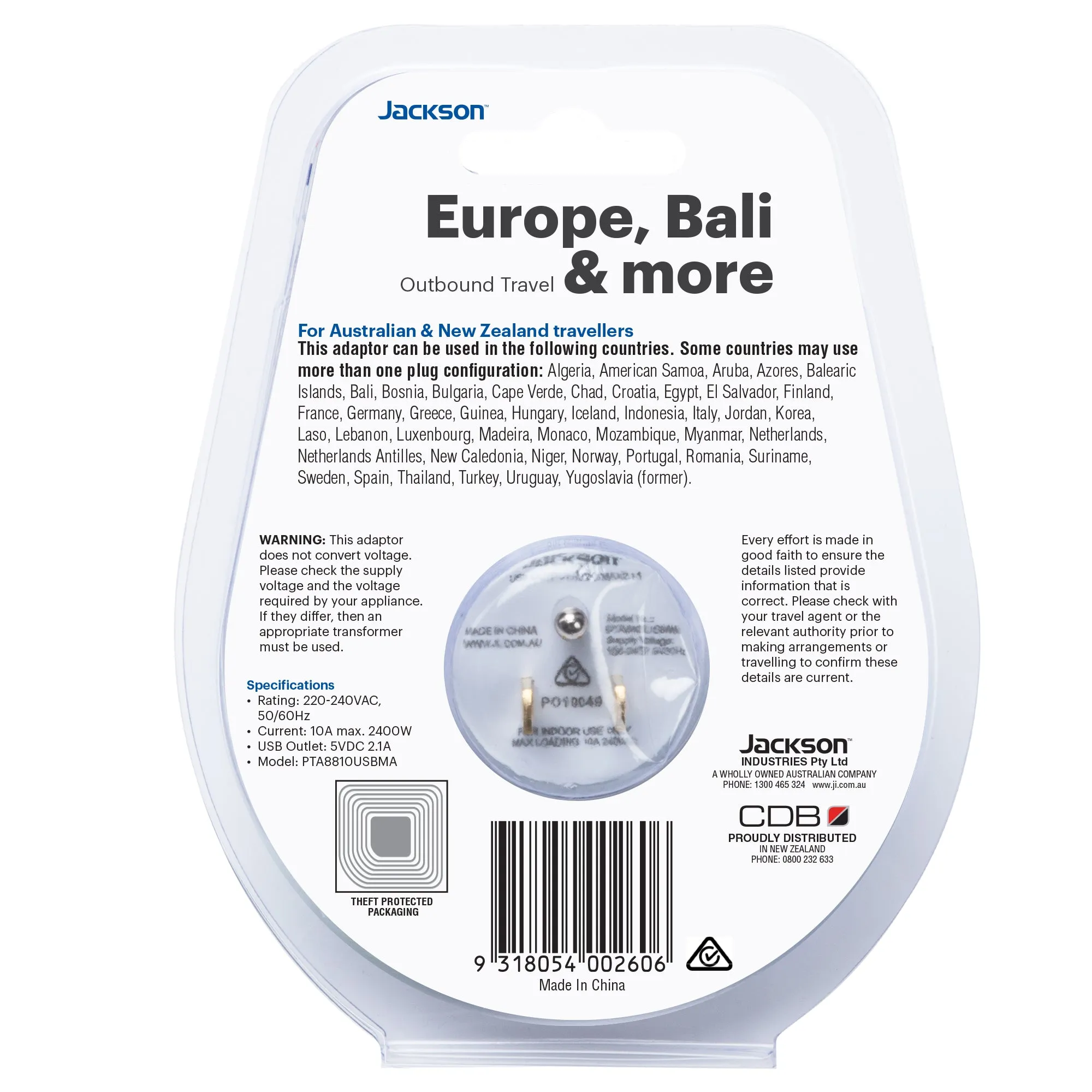 Outbound Slim USB-A Travel Adaptor - EU & Bali