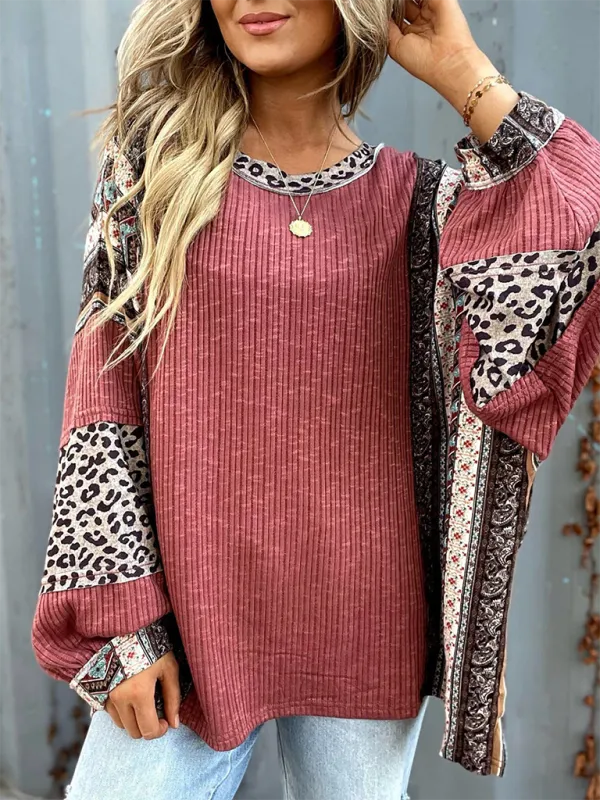 Oversized Casual Bohemian Top with Print Patchwork