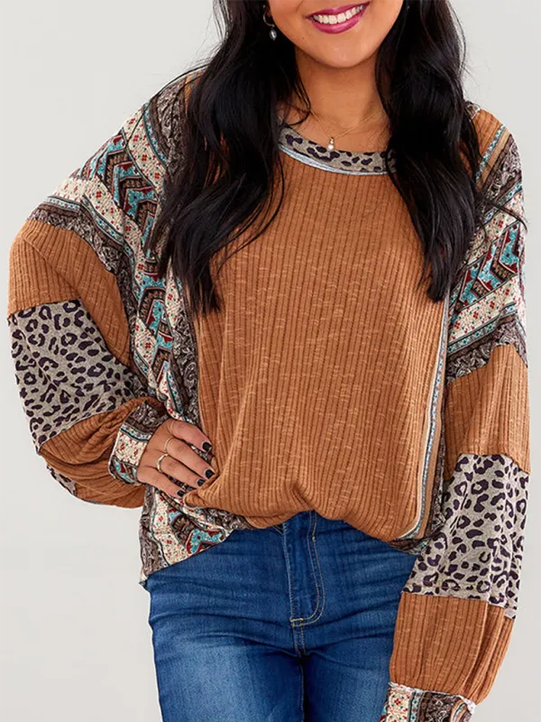 Oversized Casual Bohemian Top with Print Patchwork